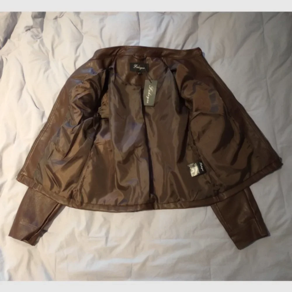 New with Tags Fahsyee Women's Zip-Up Faux Leather Jacket, Size M, Coffee Brown - Picture 6 of 13
